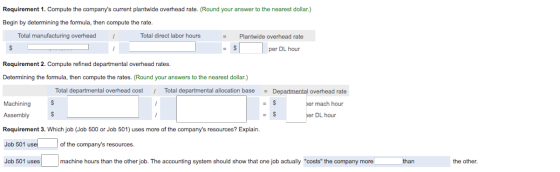Requirement 1. Compute the companys current plantwide overhead rate. (Round your answer to the nearest dollar.) Begin by det