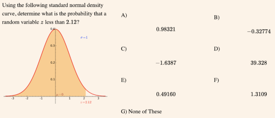 Using the following standard normal density curve, determine what is the probability thata random variable z less than 2.127 A) B) 0.98321 -0.32774 0.3 C) D) -1.6387 39.328 0.2 F) 0.1 E) 0.49160 1.3109 z-2.12 G) None of These