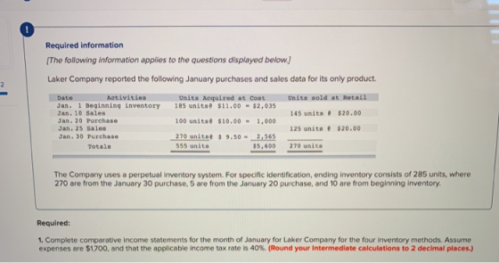 Required information (The following information applies to the questions displayed below.) Laker Company reported the followi