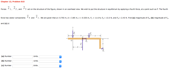 Chapter 12, Problem 015 Forces F1 F2, and F3 act on the structure of the figure, shown in an overhead view. We wish to put the structure in equilibrium by applying a fourth force, at a point such as P. The fourth force has vector components F h and F v . We are given that a= 0.755 m, b 3.85 m, c = o.535 m, F1 = 11.6 N, F2 = 13.3 N, and F3 = 2.43 N. Find (a) magnitude of F, (b) magnitude of and (c) d (a) Number (b) Number (c) Number Units Units Units