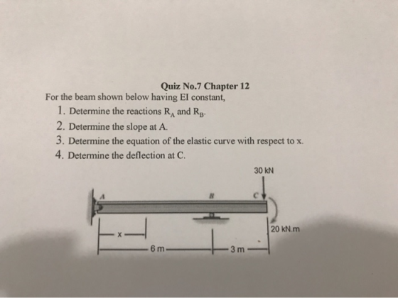 Quiz No.7 Chapter 12 For the beam shown below having El constant, 1. Determine the reactions RA and Rg. 2. Determine the slop