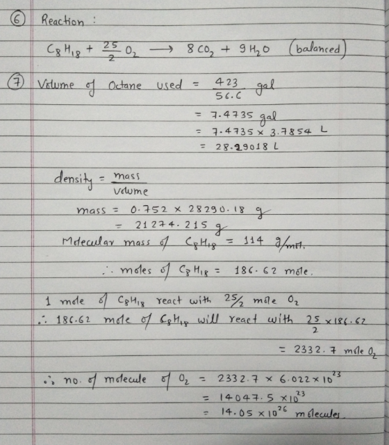 Reaction 250 (balanced 8 Co, 9 H,0 CHI8 + 2 423 gal Vidume Octane used 56.0 7.4335 gal 11 F-4735x 3.7854 L 28.29018 L demaity
