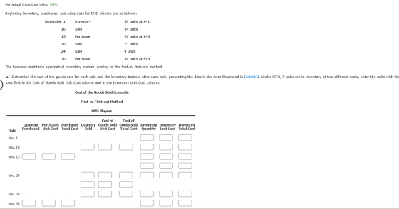 Perpetual Inventory Using FIFO Beginning inventory, purchases, and sales data for DVD players are as follows: November 1 50 u