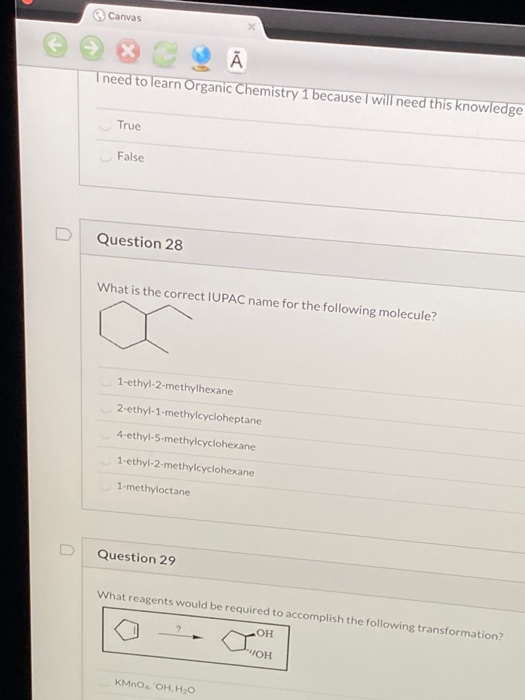 Canvas I need to learn Organic Chemistry 1 because I will need this knowledge True False Question 28 What is the correct IUPA