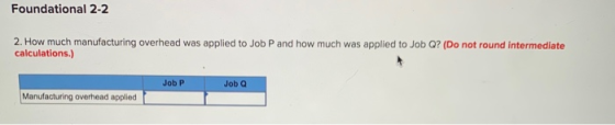 Foundational 2-2 2. How much manufacturing overhead was applied to Job P and how much was applied to Job Q? (Do not round int