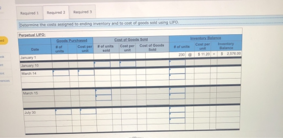 Required 1 Required 2 Required 3 Determine the costs assigned to ending inventory and to cost of goods sold using LIFO. Perpe