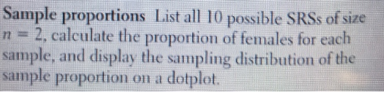 Sample proportions List all 10 possible SRSs of size n = 2, calculate the proportion of females for each sample, and display the sampling distribution of the sample proportion on a dotplot.