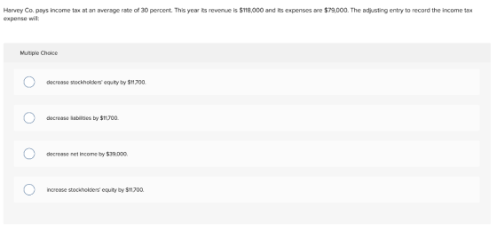 Harvey Co. pays income tax at an average rate of 30 percent. This year its revenue is $118,000 and its expenses are $79,000.