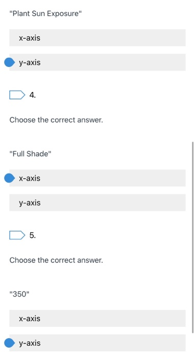 Plant Sun Exposure x-axis y-axis 4. Choose the correct answer. Full Shade X-axis y-axis 5. Choose the correct answer. 35