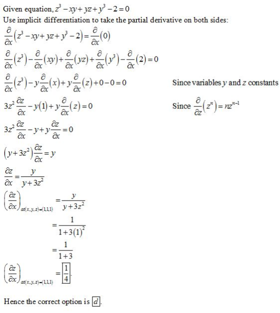 – xy + y2+ y2 + 2) = (0) el 2)-ve(x) + y (2) +0+0=0 Given equation, 2 - xy + yz + y -2 = 0 Use implicit differentiation to ta