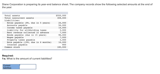 Diane Corporation is preparing its year-end balance sheet. The company records show the following selected amounts at the end