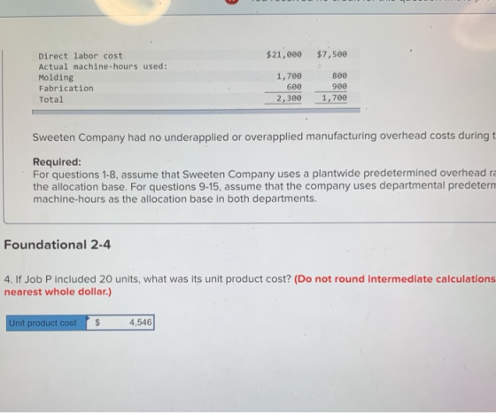 $21,000 $7,500 Direct labor cost Actual machine-hours used: Molding Fabrication Total 1,700 600 2,300 800 900 1,700 Sweeten C