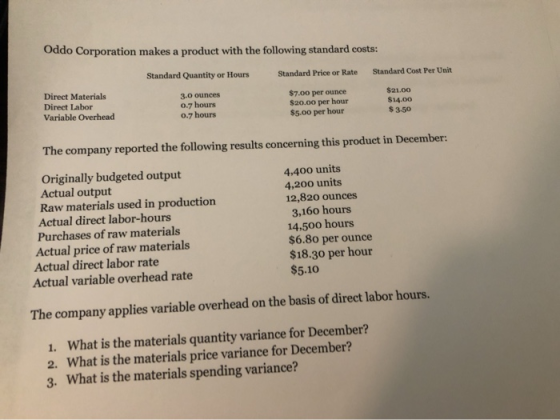 Oddo Corporation makes a product with the following standard costs: Standard Quantity or Hours Standard Cost Per Unit Standar