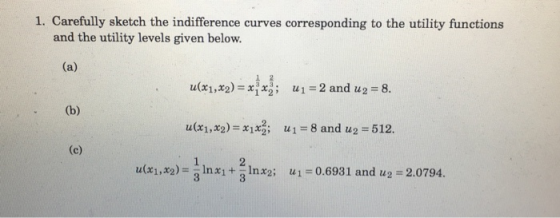 1. Carefully sketch the indifference curves corresponding to the utility functions and the utility levels given below. (a) u(
