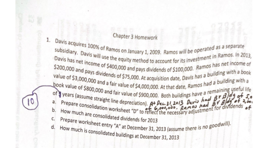 C. Prepare worksheet entry A at December 31, 2013 (assume there is no goodwill). 1. Davis acquires 100% of Ramos on January