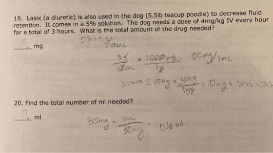 19. Lasix (a diuretic) is also used in the dog (5.5lb teacup poodle) to decrease fluid retention. It comes in a 5% solution.