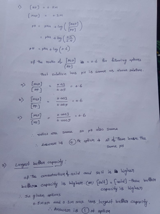 = 5M 0.3M PH = [HE] [NAF) (nar] pka + log ( [HE] + log (0:3) = pka + log (0.6) If the ratio of [Nar] = 0.6 = pka + PH for fol