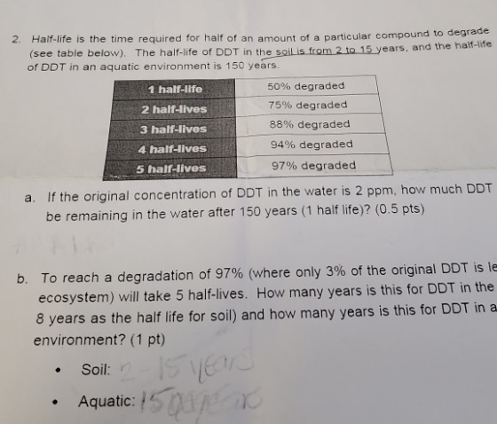 2. Half-life is the time required for half of an amount of a particular compound to degrade (see table below). The half-life