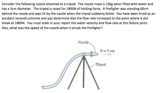 Consider the following nozzle attached to a tripod. The nozzle mass is 10kg when filled with water and has a 5cm diameter. The tripod is rated for 1800N of holding force. A firefigher was standing 60cm behind the nozzle and was hit by the nozzle when the tripod suddenly failed. You have been hired as an accident reconstructionist and you determine that the flow rate increased to the point where it did break at 1800N. You must state in your report the water velocity and flow rate at this failure point Also, what was the speed of the nozzle when it struck the firefigher? Nozzle D -5 cm Tripod