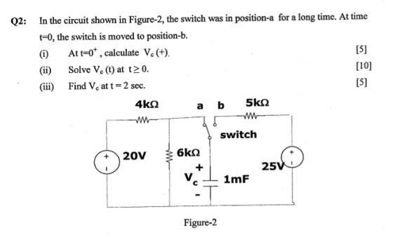 In the circuit shown in Figure-2, the switch was in position-a for a long time. At time t-0, the switch is moved to position-b. ) Att-0, calculate Vc(+). Q2: 151 1101 Solve Ve () at t20 Find Vc at t 2 sec. switch 25 Figure-2