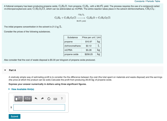 Constants I Periodic Table A fictional company has been producing propene oxide, C3H60, from propene, C3H6, with a 96.0% yiel