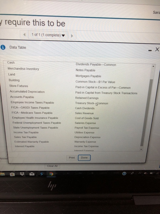Sara yrequire this to be 1 of 1 (1 complete) Data Table Cash Merchandise Inventory Land Building Store Fixtures Accumulated D