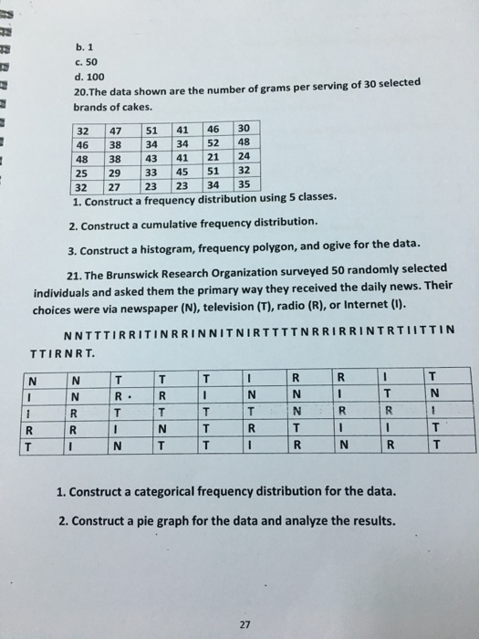 b.1 c. 50 d. 100 20. The data shown are the number of grams per serving of 30 selected brands of cakes. 32 47 51 41 46 30 46