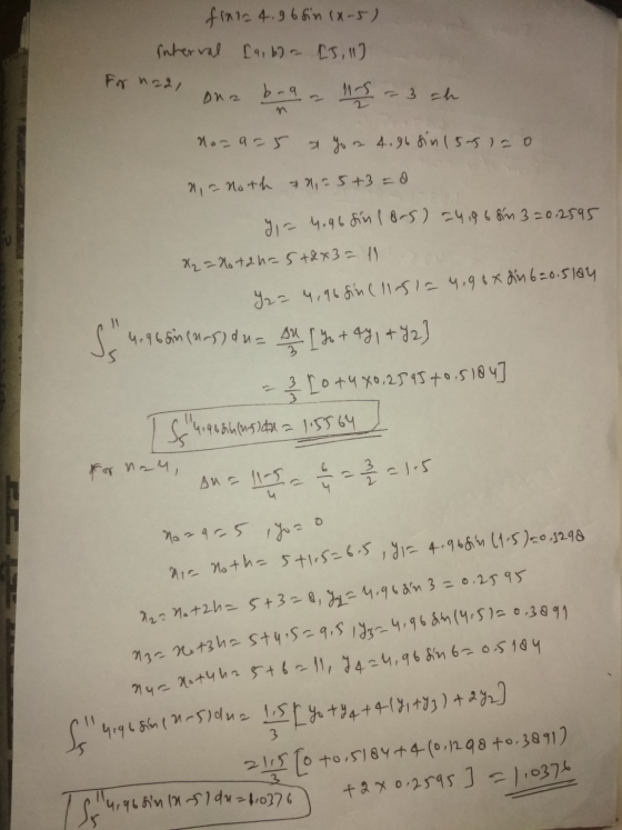from 4.96 in (x-5) interval (916) - C5, 11] For n22, b-a. ona MS - 3 ch lo-a-5 a yo a 4.96 sin 1551 ao nic noth n=5+3=0 y = 4
