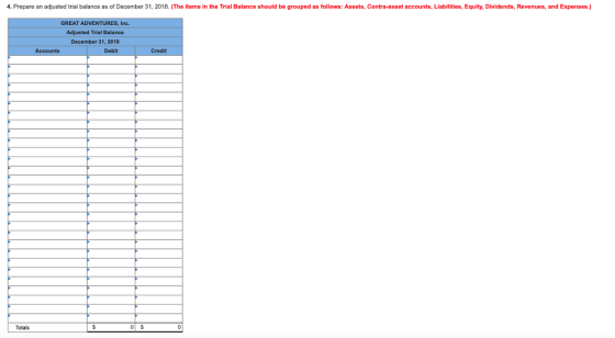4. Prepare an adjusted trial balance as of December 31, 2018. (The items in the Trial Balance should be grouped as follows: Assets, Contra-asset accounts, Liabilities, Equity, Dividends, Revenues, and Expenses.) GREAT ADVENTURES, Inc. Adjusted Trial Balance December 31, 2018 Accounts Debit Credit Totals