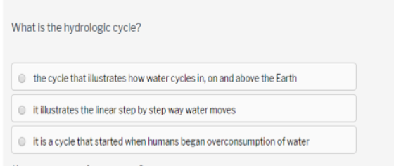 What is the hydrologic cycle? the cycle that illustrates how water cycles in, on and above the Earth it illustrates the linea