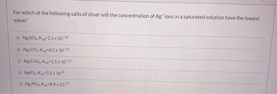 For which of the following salts of silver will the concentration of Ag+ ions in a saturated solution have the lowest value?