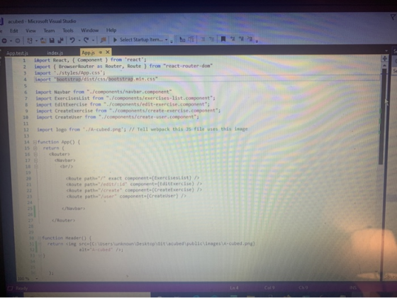acubed - Microsoft Visual Studio Tools Edat View Team Window Help - Select Startup item... - Pa 11. App.test.js index.js App.