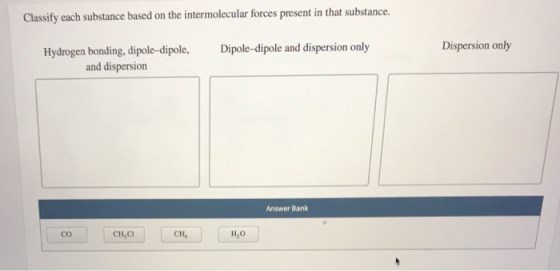 Classify each substance based on the intermolecular forces present in that substance. Dispersion only Dipole-dipole and dispe