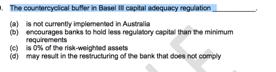 The countercyclical buffer in Basel III capital adequacy regulation (a) is not currently implemented in Australia (b) encoura