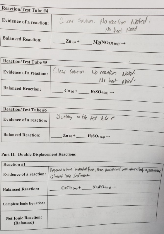 Leaction/Test Tube #4 Evidence of a reaction: Clear solution. No recetion No head Noted. noted Balanced Reaction: __Zn () +_