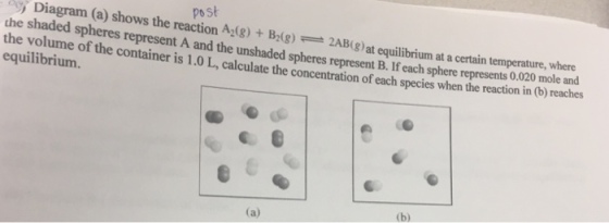 post Diagram (a) shows the reaction By(g)- 2ABig) at equilibrium at a certain temperature, where spheres represent A and the unshaded spheres represent B. If each sphere represents 0.020 mole and the volume of the container is 1.0 L, calculate the concentration of each species when the reaction in (b) reaches equilibrium