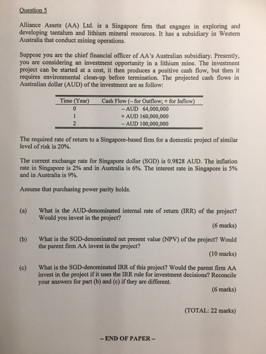 Question 5 Alliance Assets (AA) Ltd. is a Singapore firm that engages in exploring and developing tantalum and lithium minera