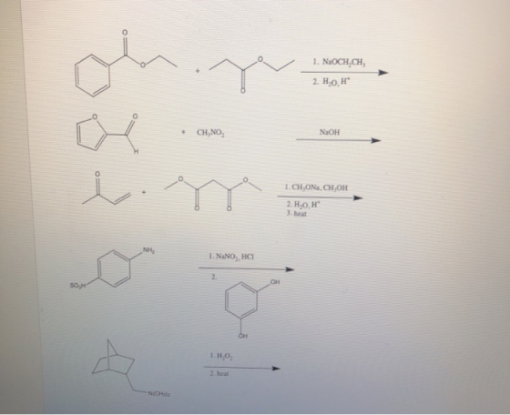 1. NaOCH,CH, 2. HO, HP CH,NO NaOH 1. CH,ON, CH OH 2. HẠO, H 3. heat 1. N.NO, HCI 1.H.O. 2 heat NICH