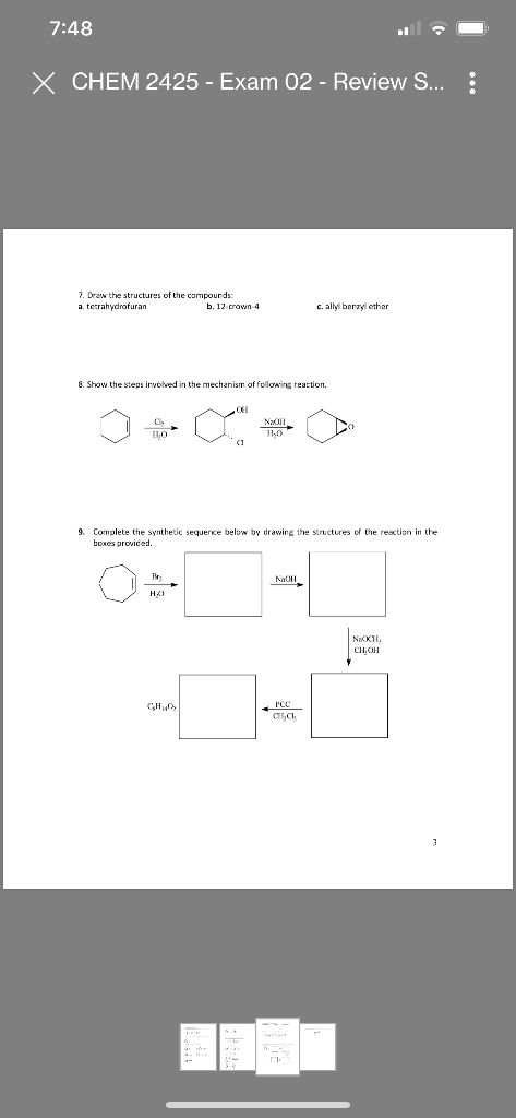 7:48 X CHEM 2425 - Exam 02 - Review S... : 7. Draw the structures of the compounds: a tetrahydrofuran b. 12 con 4 cally beray
