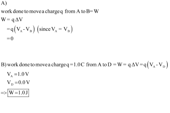 A) work done to movea chargeq from A to B-W -a(Yv%) (since V,-%) B) work done to move a charge q-1.0 C from A to D-W-q Δν-q (yA-VD )