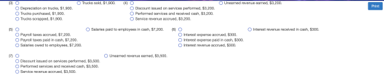 (3) O Trucks sold, $1,900. Unearned revenue earned, $3,200. Print Depreciation on trucks, $1,900. Trucks purchased, $1,900. T