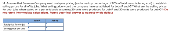 14. Assume that Sweeten Company used cost-plus pricing (and a markup percentage of 80% of total manufacturing cost) to establ