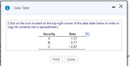 Data Table (Click on the icon located on the top-right corner of the data table below in order to copy its contents into a spreadsheet.) Security Beta 1.37 0.77 -0.87 Print Done