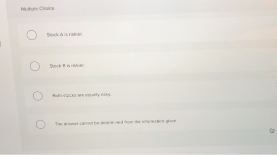 Multiple Choice 0 Stock A is riskier. 0 Stock Bis riskier. 0 Both stocks are equally risky. 0 The answer cannot be determined
