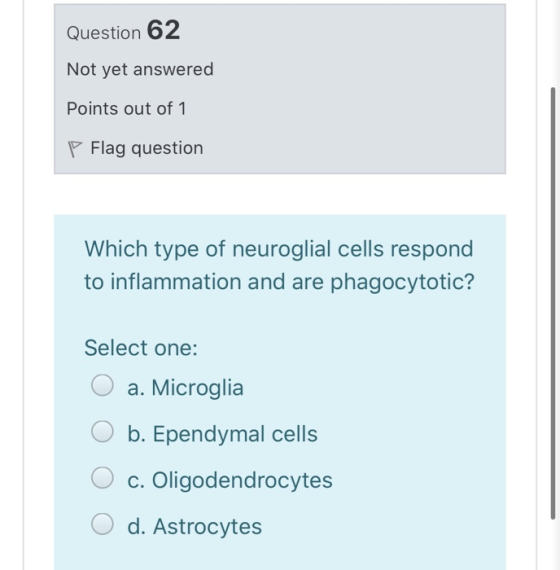 Question 62 Not yet answered Points out of 1 P Flag question Which type of neuroglial cells respond to inflammation and are p