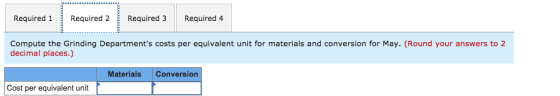 Required 1Required 2 Required 3 Required 4 e th gending rntsra decimal places.) Materials Conversion Cost per equivalent unit