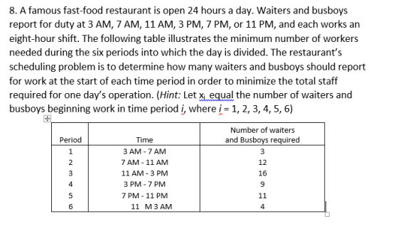 8. A famous fast-food restaurant is open 24 hours a day. Waiters and busboys report for duty at 3 AM, 7 AM, 11 AM, 3 PM, 7 PM