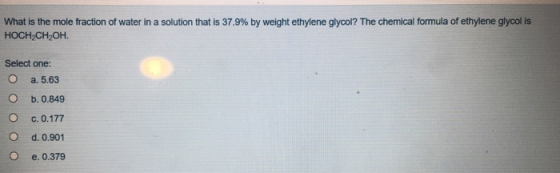 What is the mole fraction of water in a solution that is 37.9% by weight ethylene glycol? The chemical formula of ethylene gl