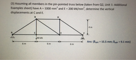 (3) Assuming all members in the pin-pointed truss below (taken from Q2, Unit 1: Additional Examples sheet) have A = 1000 mm?