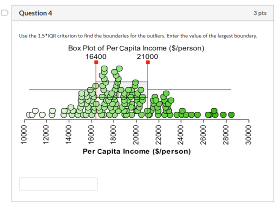 Question 4 3 pts Use the 1.5*IQR criterion to find the boundaries for the outliers. Enter the value of the largest boundary.